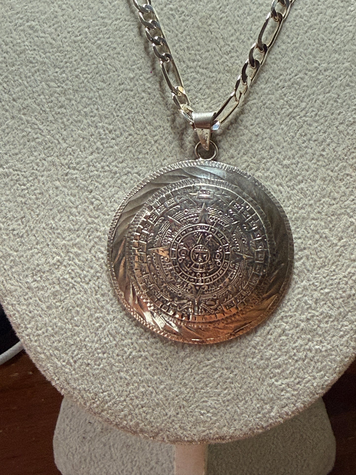 925 Sterling Silver Aztec Calendar Pendant Necklace Chain Tonatiuh Sun God (Xa34)