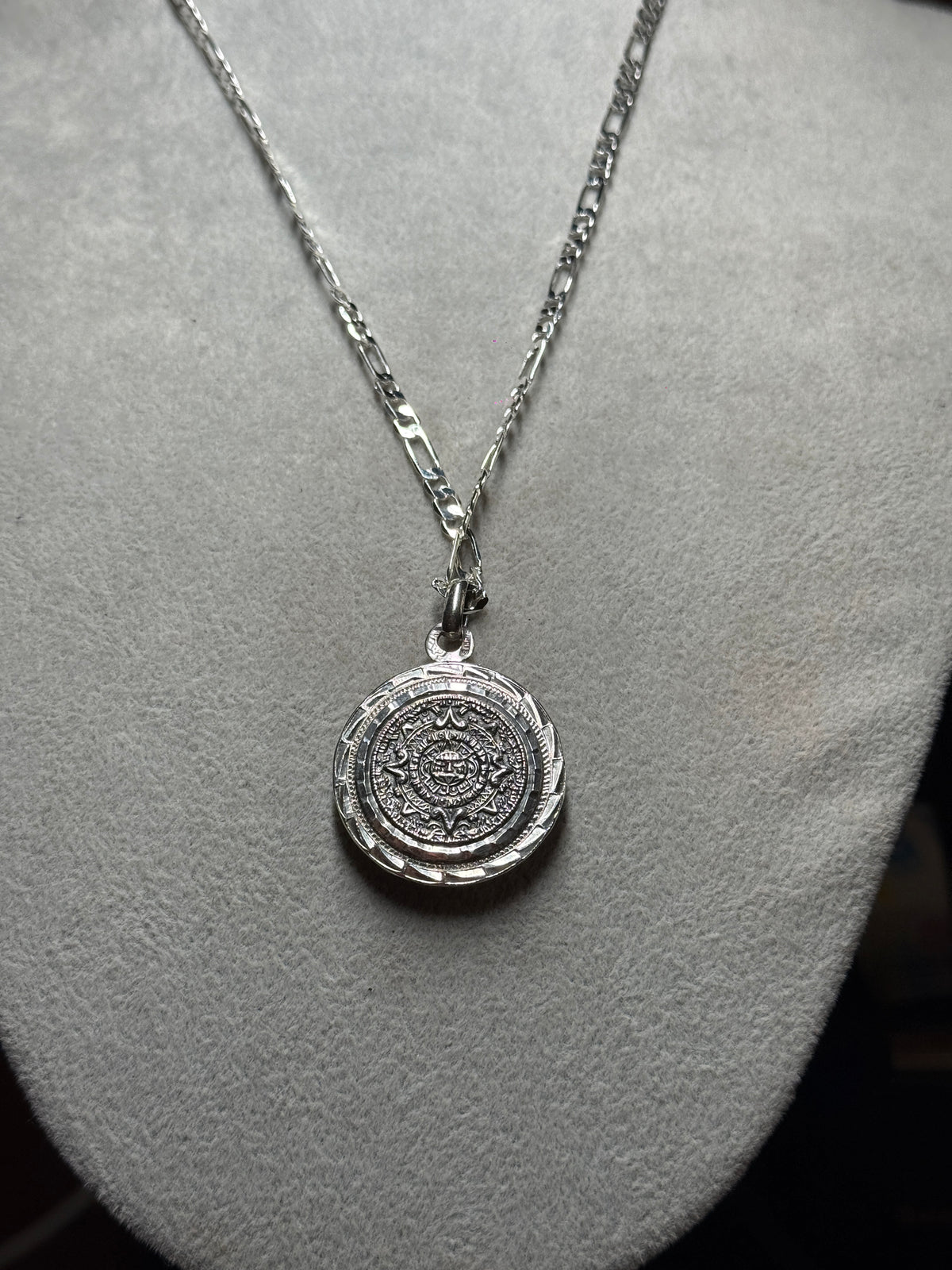 Sterling Silver 925 2 Sides Aztec Jaguar Warrior Calendar Pendant 10.1g (Xa35)