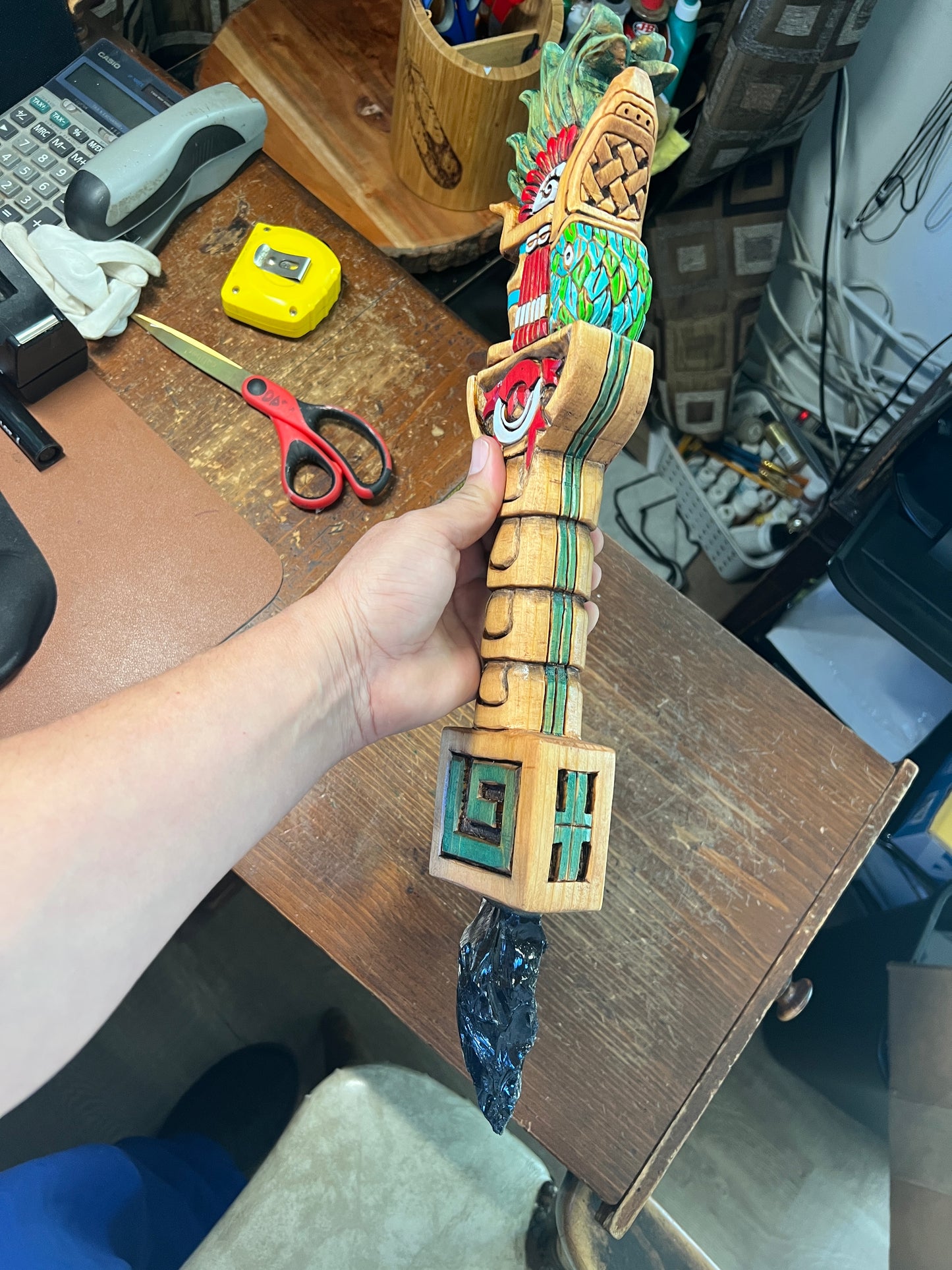 Huitzilopochtli Dagger, Hummingbird, Wood Carved, Painted, Azteca Obsidian Knife, Mexica Sacrificial Knives, Replica Artifacts, 20" long