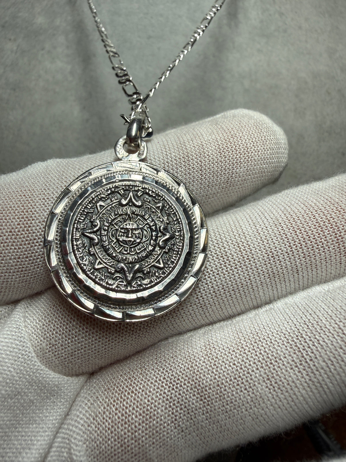 Sterling Silver 925 2 Sides Aztec Jaguar Warrior Calendar Pendant 10.1g (Xa35)