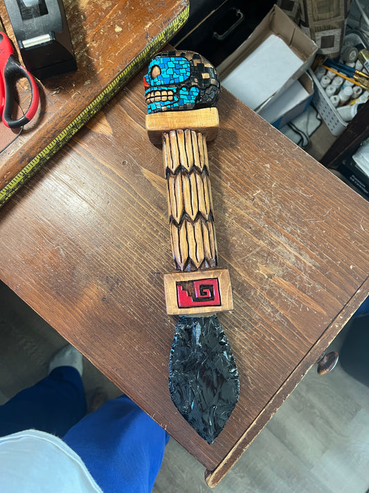 Tezcatlipoca Dagger, Wood Carved, Painted, Azteca Obsidian Knife, Mexica Sacrificial Knives, Replica Artifacts, 17" long