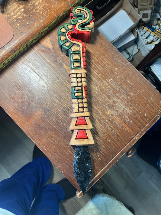 Huitzilopochtli's Xiuhcoatl Fire Serpent Dagger, Aztec Fire Serpent, Mexica Spear Thrower, Deep Wood Carved, 19" Painted