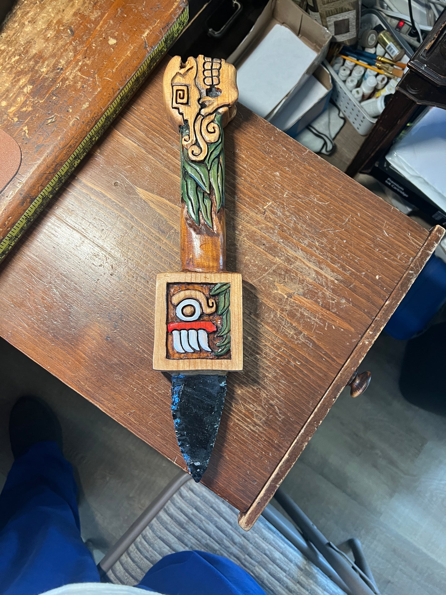 Mictlantecuitli Tlaloc Wood Obsidian Sacrificial Dagger, Aztec Dagger, Skull Daga, 17" Long, Deep Carved Wood