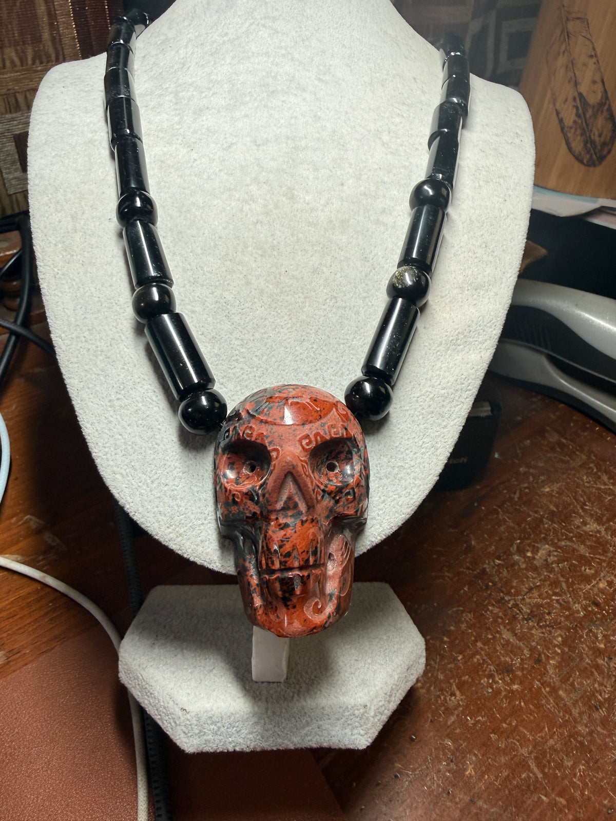Tribal Skull Necklace, Mictlantecuhtli Mahogany Obsidian Black Obsidian Bead #36