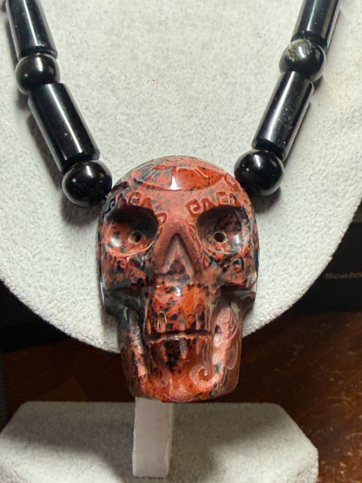 Tribal Skull Necklace, Mictlantecuhtli Mahogany Obsidian Black Obsidian Bead #36