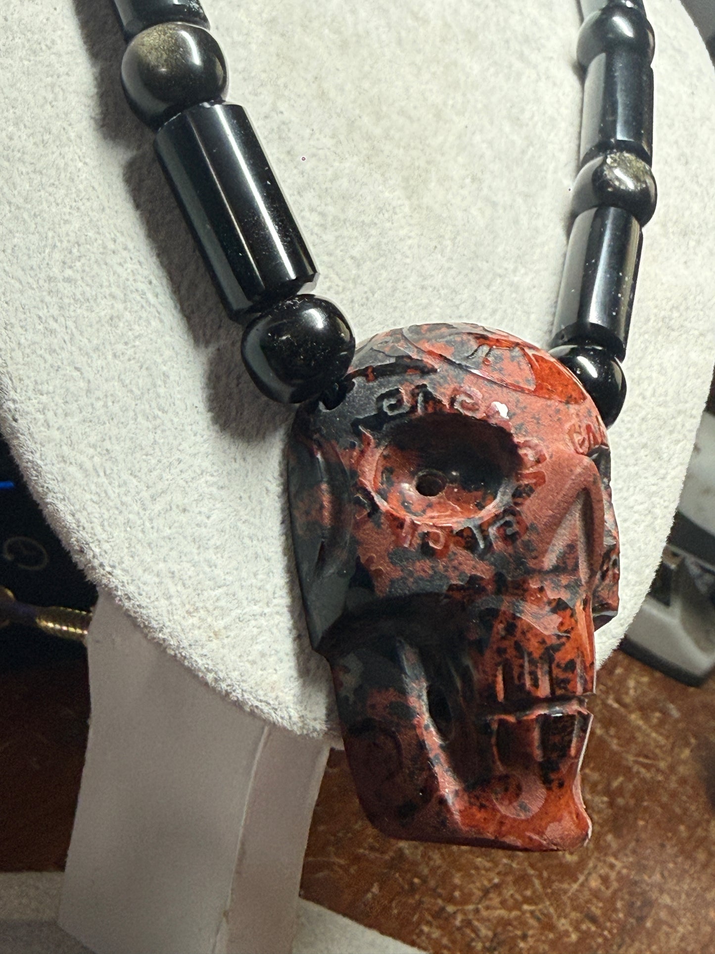 Tribal Skull Necklace, Mictlantecuhtli Mahogany Obsidian Black Obsidian Bead #36
