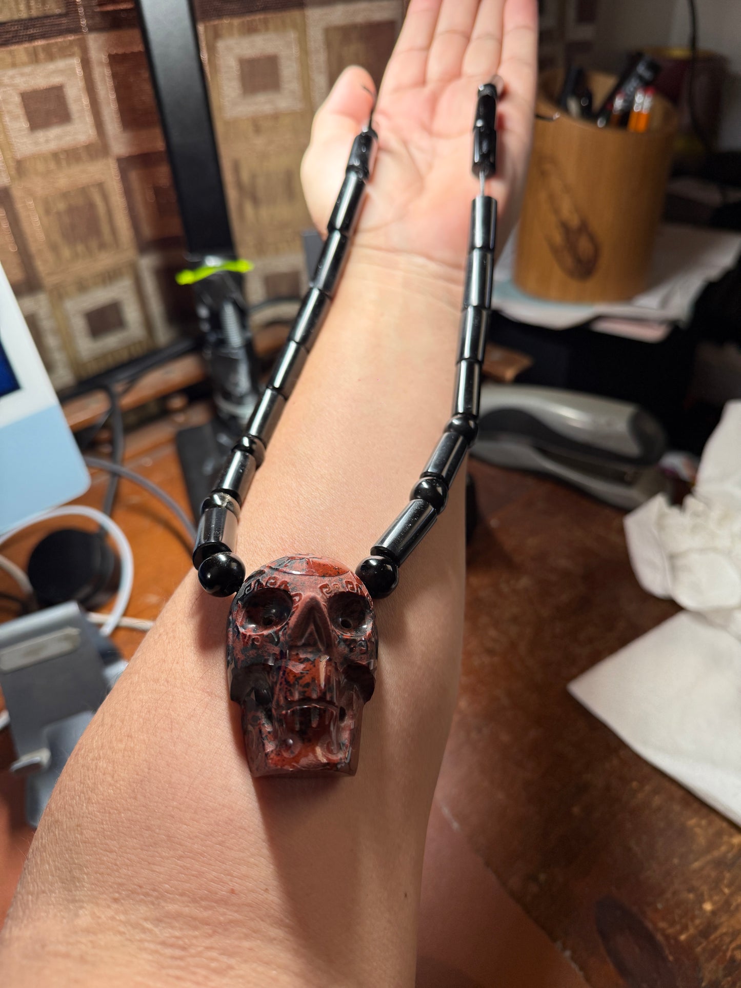 Tribal Skull Necklace, Mictlantecuhtli Mahogany Obsidian Black Obsidian Bead #36