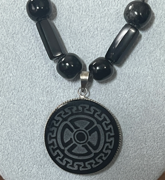 Mayan 4 Directions, Cardinal, Medicine Wheel, Obsidian Pendant with Obsidian Beads, Necklace #17