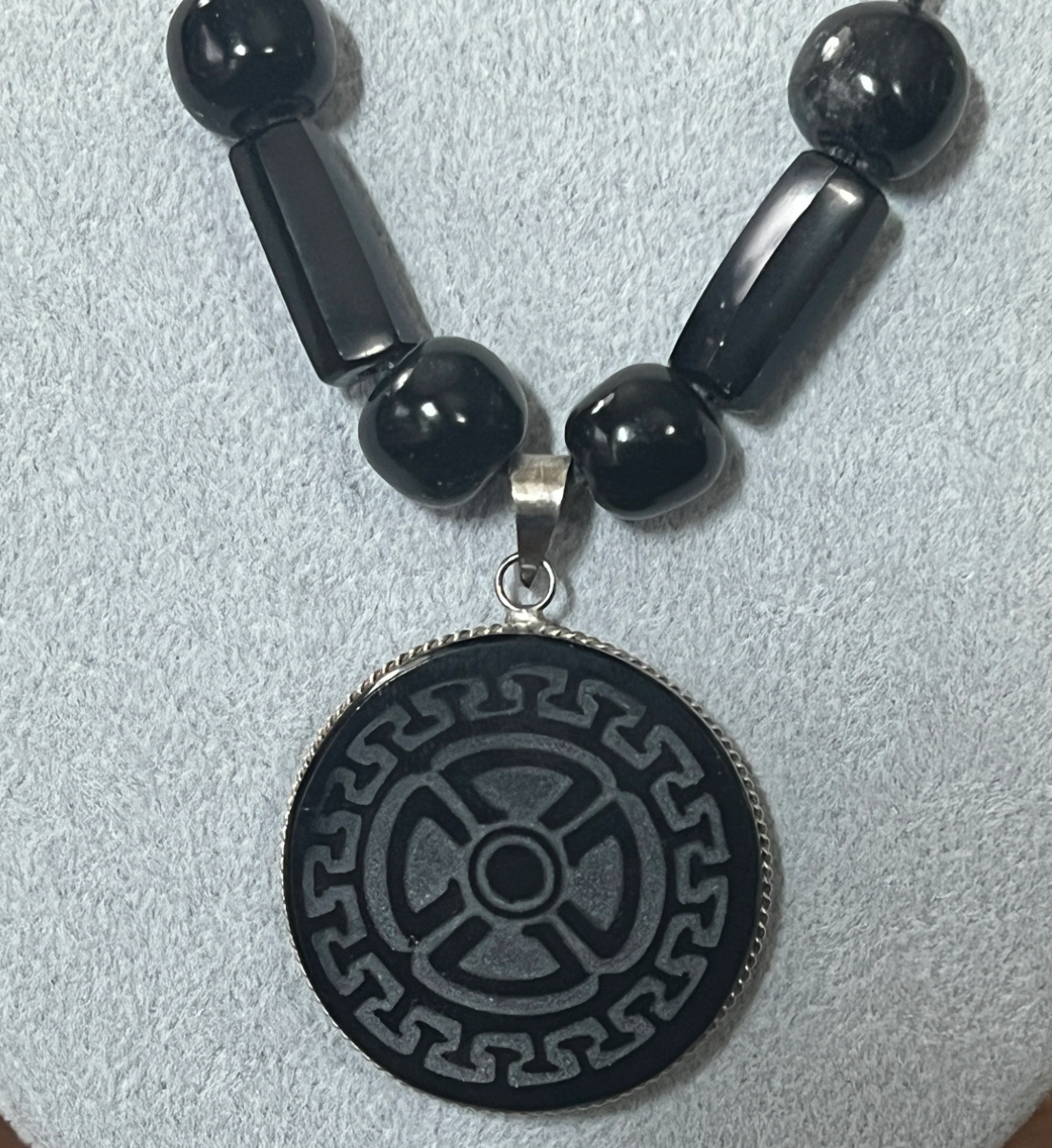 Mayan 4 Directions, Cardinal, Medicine Wheel, Obsidian Pendant with Obsidian Beads, Black Leather Cord Lobster Clasps Necklace 26in. #B