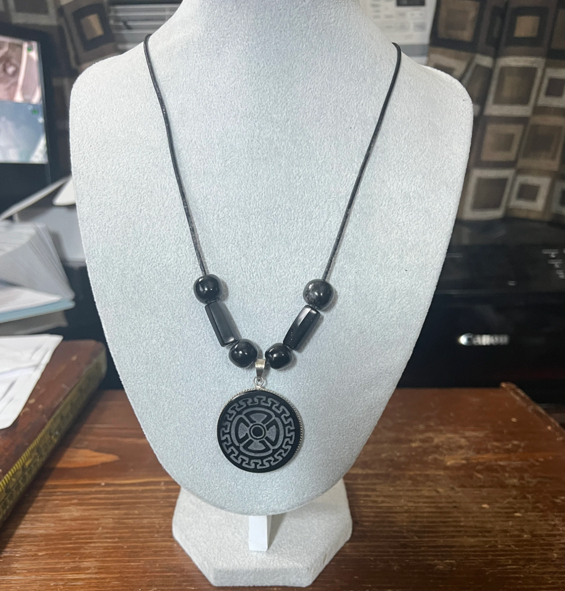 Mayan 4 Directions, Cardinal, Medicine Wheel, Obsidian Pendant with Obsidian Beads, Black Leather Cord Lobster Clasps Necklace 26in. #B