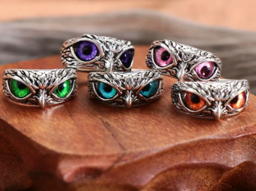 Owl Ring, Colored Eyes, silver, Adjustable, Native American rings, Indigenous, Knowledge, Education, Night Life, Hunter (#9)