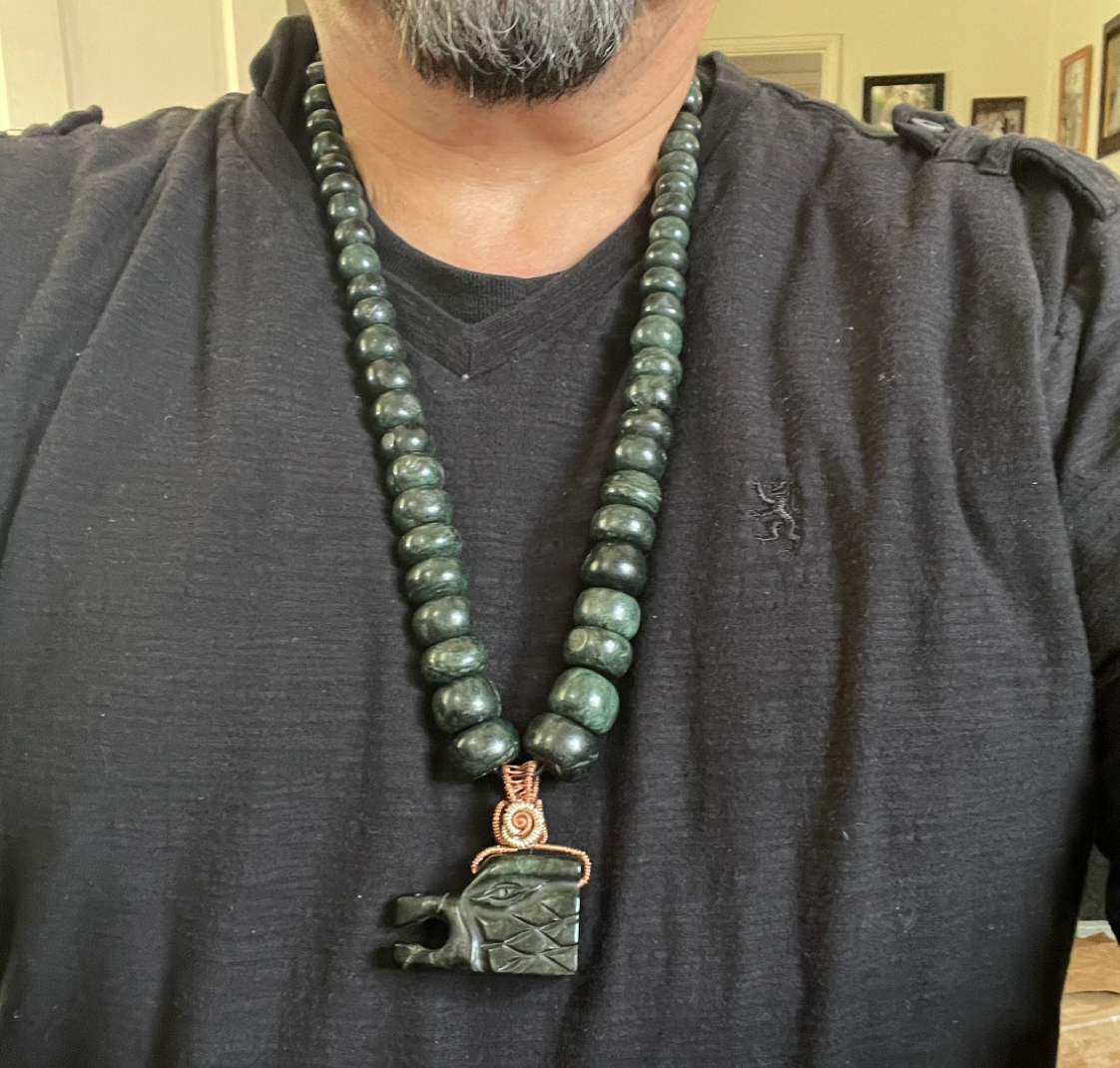 Mexican Eagle Jade Beaded Pendant Necklace, Aztec, Aguila, Handmade in Mexico, Authentic, Chunky and Thick, Indigenous, Mexica Tribe, #14