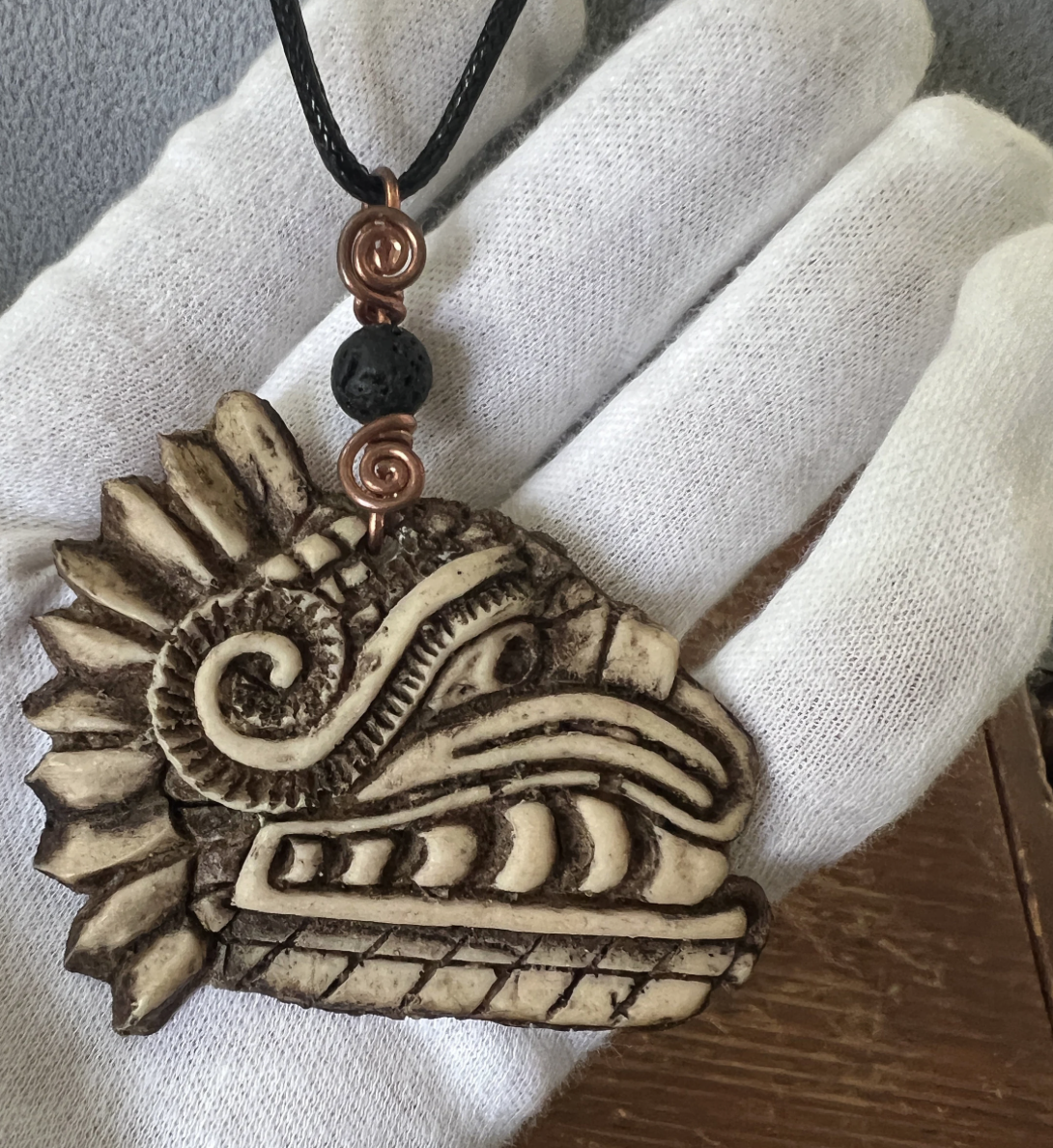 Kukulkan Mayan Necklace, Aztec Quetzalcoatl Pendant, Volcanic Bead, Mexican, Mexico, Mexica, indigenous art and jewelry, Tribal, Serpent, Dragon (#14)