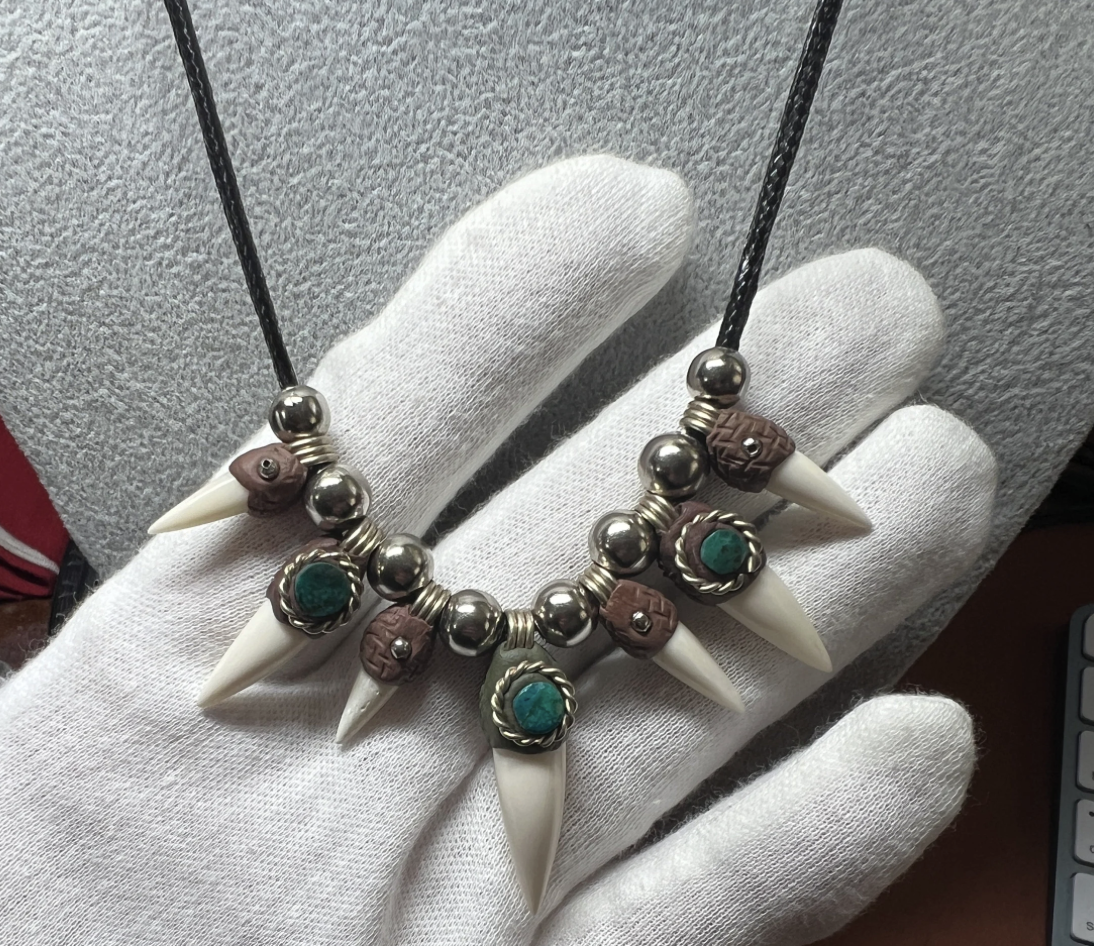 Mexican Native American Claws Necklace, made of Bone and Turquoise and Stainless Steel, Adjustable, Indigenous, Pow Wow Find Authentic (#14)