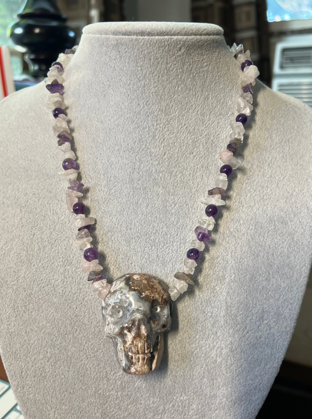 Quartz Skull Necklace, 17 in. Gorgeous Crystal Skull, handmade Indigenous Indians of Mexico, Mexica, Azteca, Aztec, Native Americans (#14)
