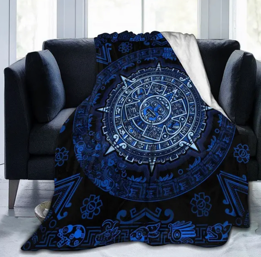 Aztec Calendar Blanket, Blue and Black Colors, Hand Made, Very Soft, Mexica Calendario, Mexican Blankets, Indigenous, sofa cover