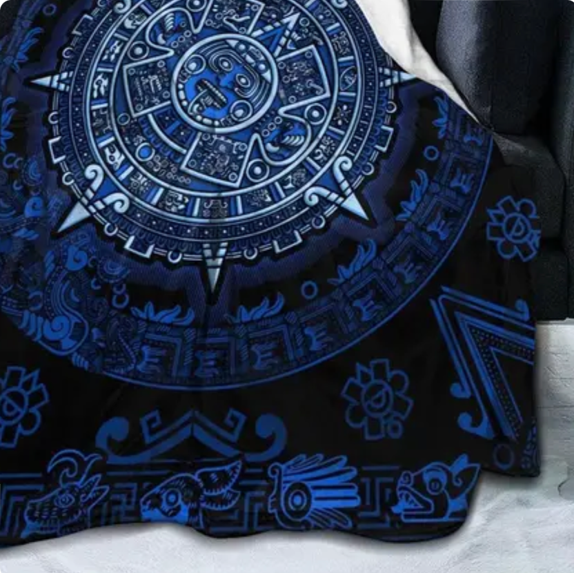 Aztec Calendar Blanket, Blue and Black Colors, Hand Made, Very Soft, Mexica Calendario, Mexican Blankets, Indigenous, sofa cover