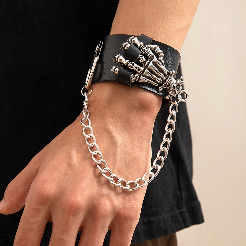 Men's Gothic Skull Hand PU Leather Bracelet Punk Silver Color Cuban Long Chain Tassel Bracelet Hip Hop Jewelry Gifts (#19)