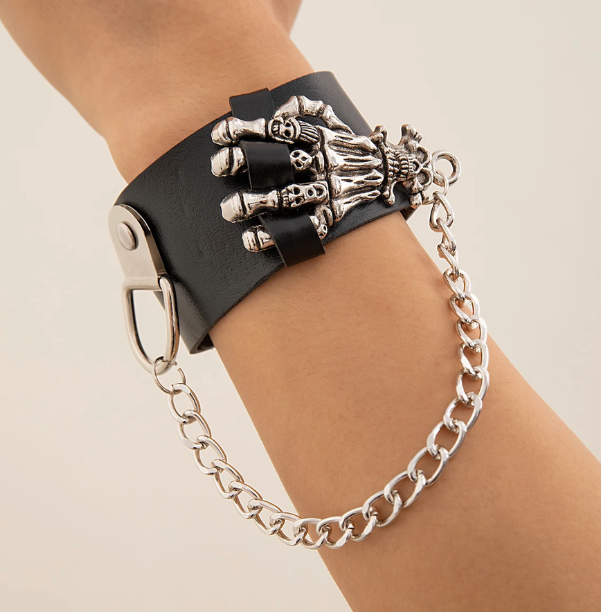 Men's Gothic Skull Hand PU Leather Bracelet Punk Silver Color Cuban Long Chain Tassel Bracelet Hip Hop Jewelry Gifts (#19)