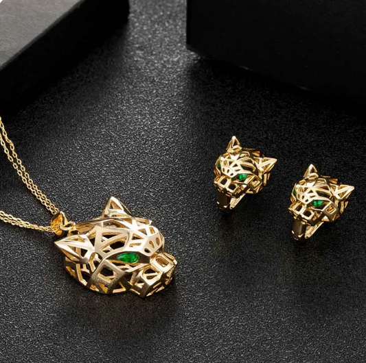 Hollow design leopard head pendant earrings set for women's couple gift fine Gold chain necklace (#20)