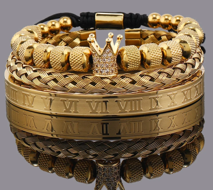 3 Stack Bracelets, Rhine-Stone Encrusted Crown, Wrist Cuff Braided, Roman Numerals Bangle, Gold Tone (#9)