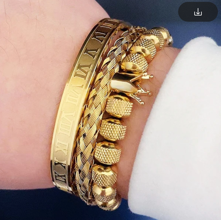 3 Stack Bracelets, Rhine-Stone Encrusted Crown, Wrist Cuff Braided, Roman Numerals Bangle, Gold Tone (#9)