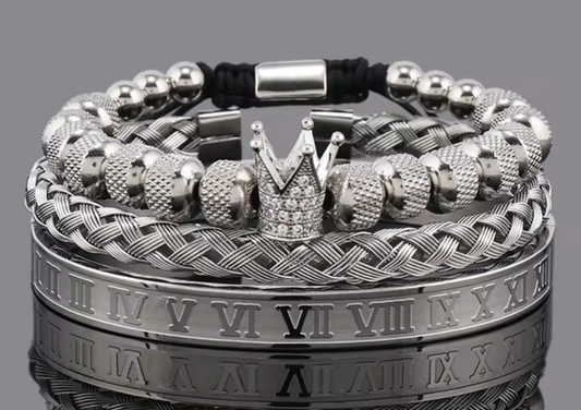 3 Stack Bracelets, Braided, Rhine-Stone Diamond Encrusted Crown, Roman Numerals Bangle, Silver Tone (#9)