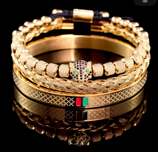 3 Stack Bracelets, Jaguar, Braided, Diamond Design Bangle, Gold Tone, Red and Green Color Embellishments (#8)