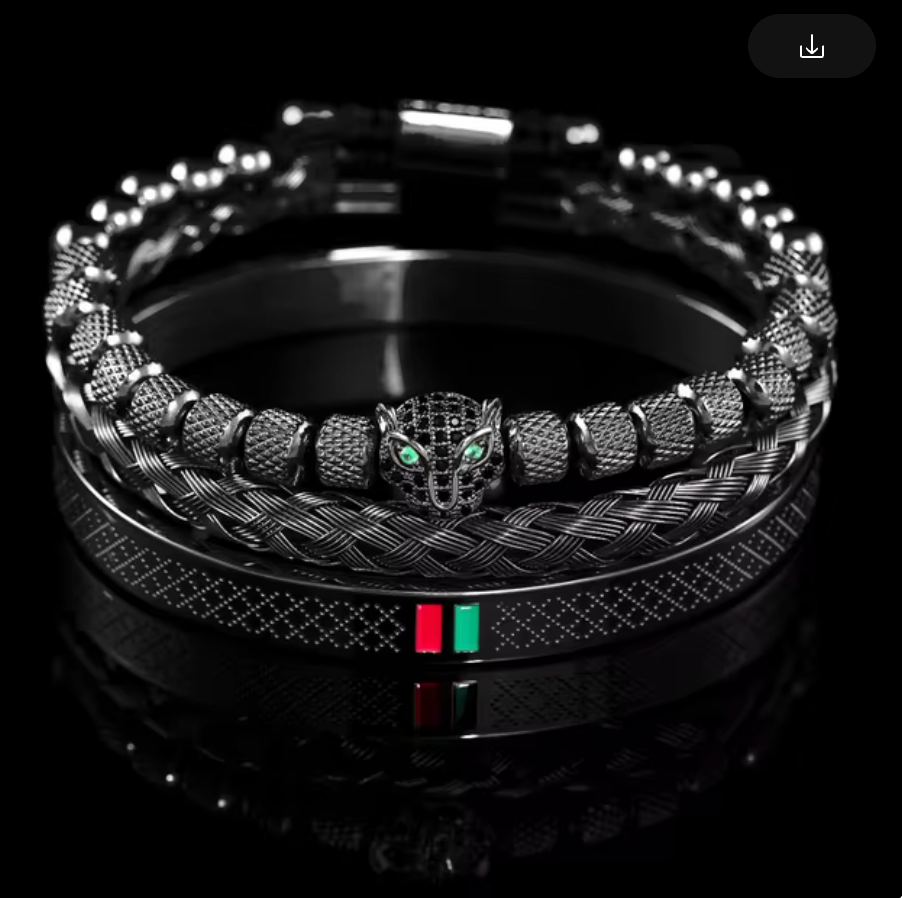 3 Stack Bracelets, Jaguar, Braided, Diamond Design Bangle, Black, Red and Green Italian Stripe (#10)