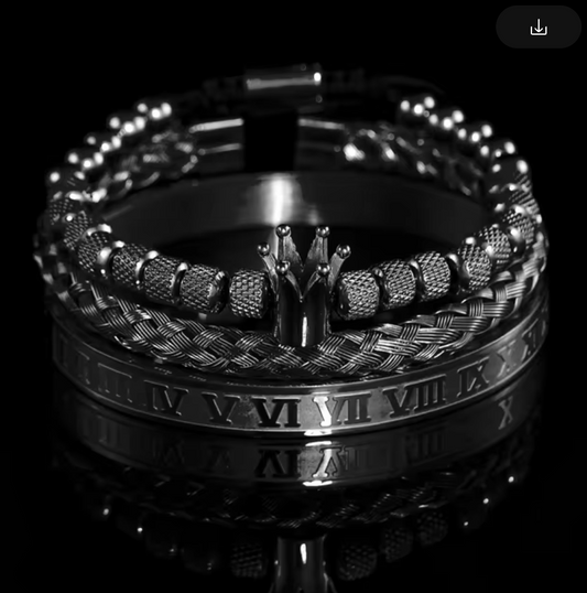 3 Stack Bracelets, Black, Crown, Wrist Cuff Braided, Roman Numerals Bangle, Italy (#11)