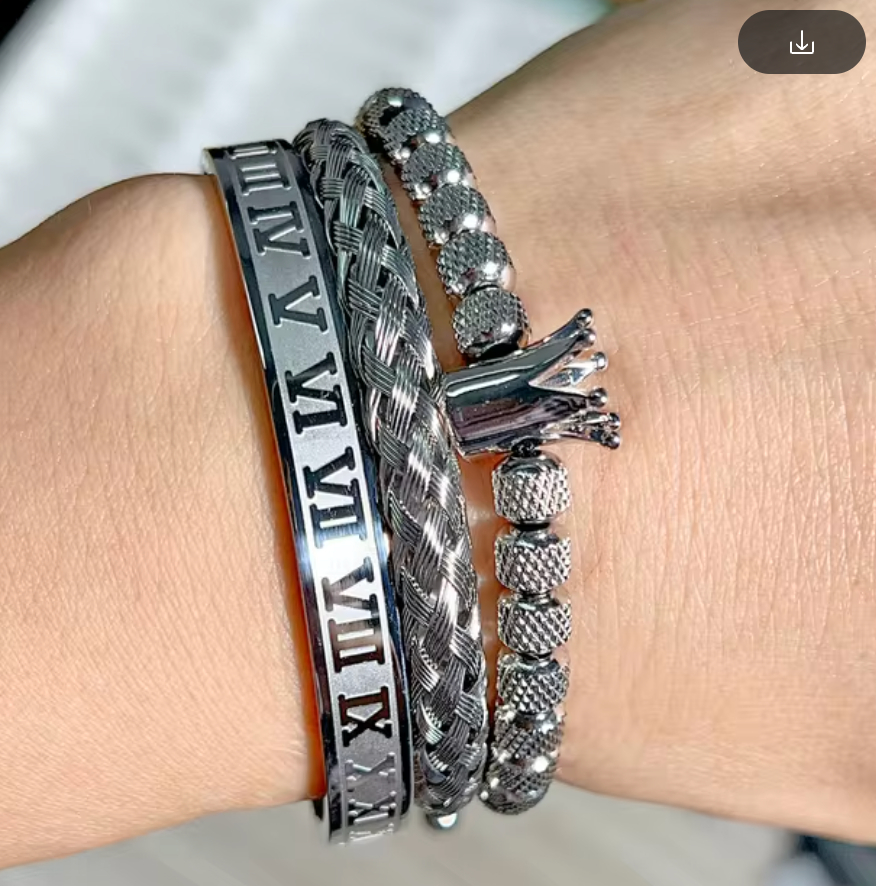 3 Stack Bracelets, Braided, Silver Tone Crown, Roman Numerals Bangle, Silver Tone (#14)