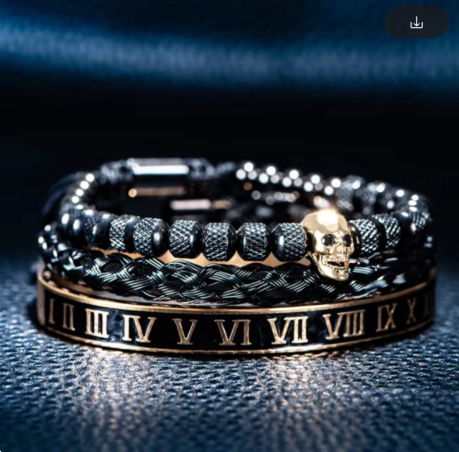 3 Stack Bracelets, Golden Skull, Blk Wrist Cuff Braided, Golden Roman Numerals Bangle, Italy (#2)