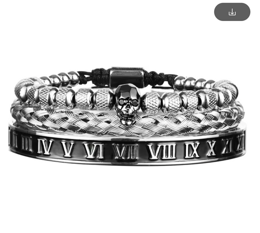 3 Stack Bracelets, Black Skull, Silver beaded, Silver Roman Numerals Bangle, Italy (#3)