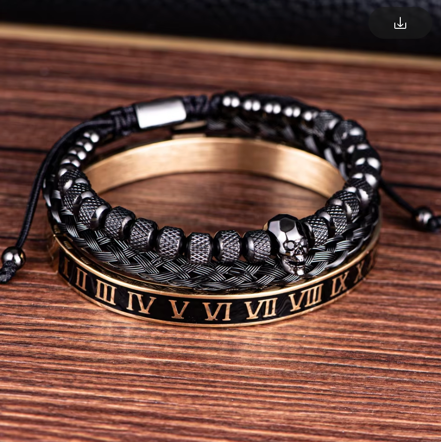 3 Stack Bracelets, Black Skull, Blk Wrist Cuff Braided, Golden Roman Numerals Bangle, Italy (#1)