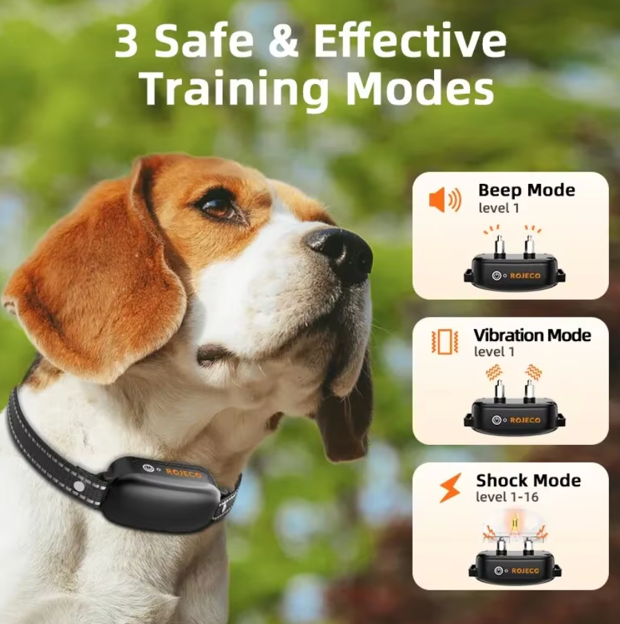 ROJECO Electric Dog Training Collar Digital Rechargeable Remote Control IPX7 Waterproof Vibrator Pet Dog Bark Stop Shock Collar