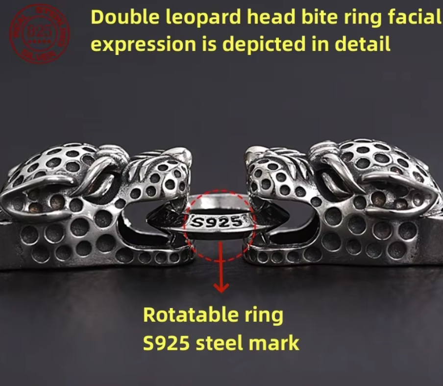 S925 Sterling silver Aztec Mayan Jaguar braided double head bracelet Men's chain (#8)