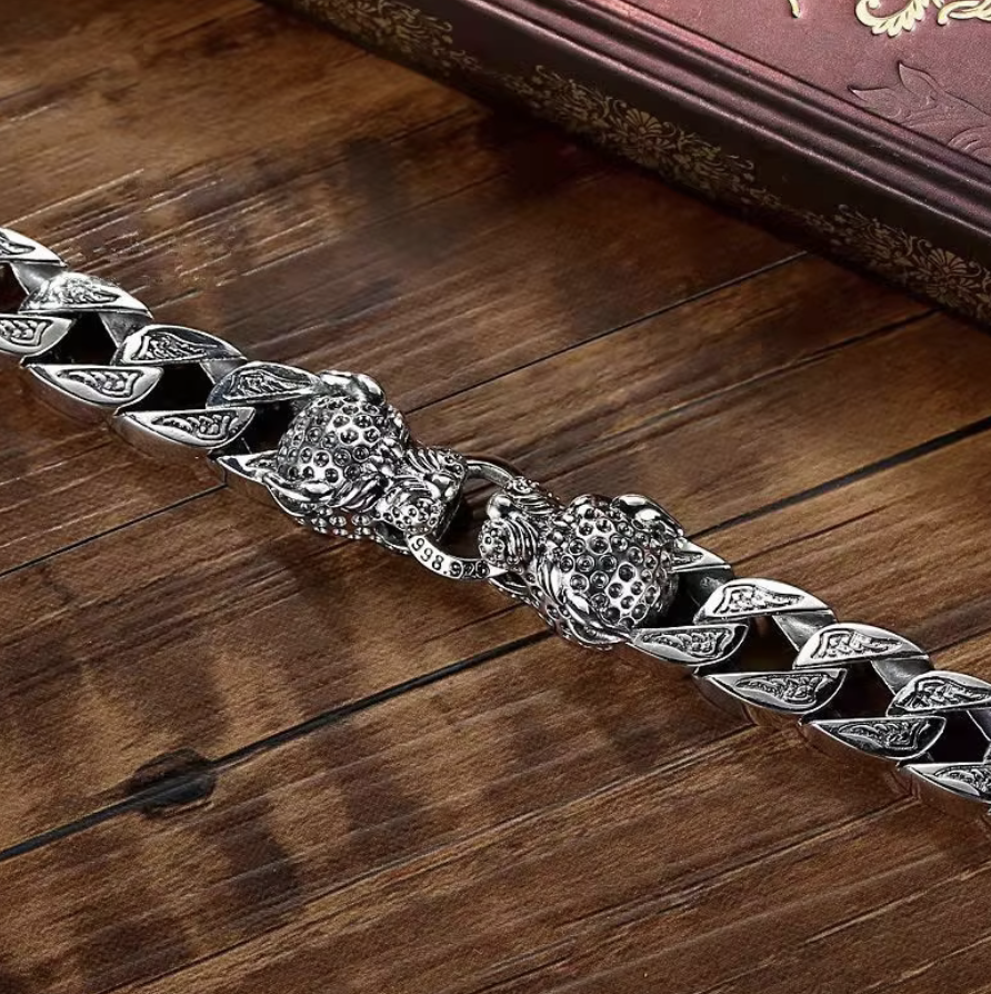 S925 Sterling silver Aztec Mayan Jaguar braided double head bracelet Men's chain (#8)