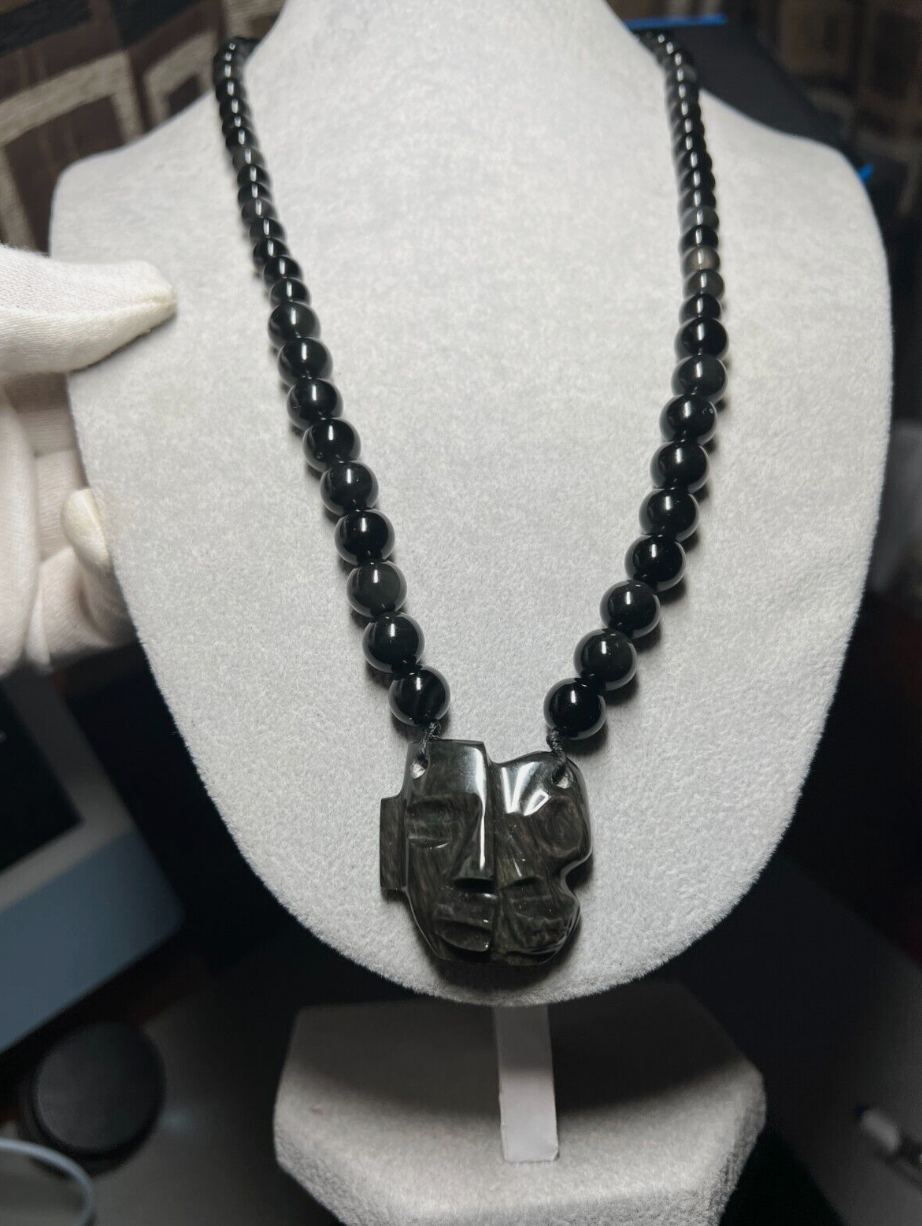 Rainbow Obsidian Aztec Dualidad Pendant Necklace, Life and Death Mask (#14)