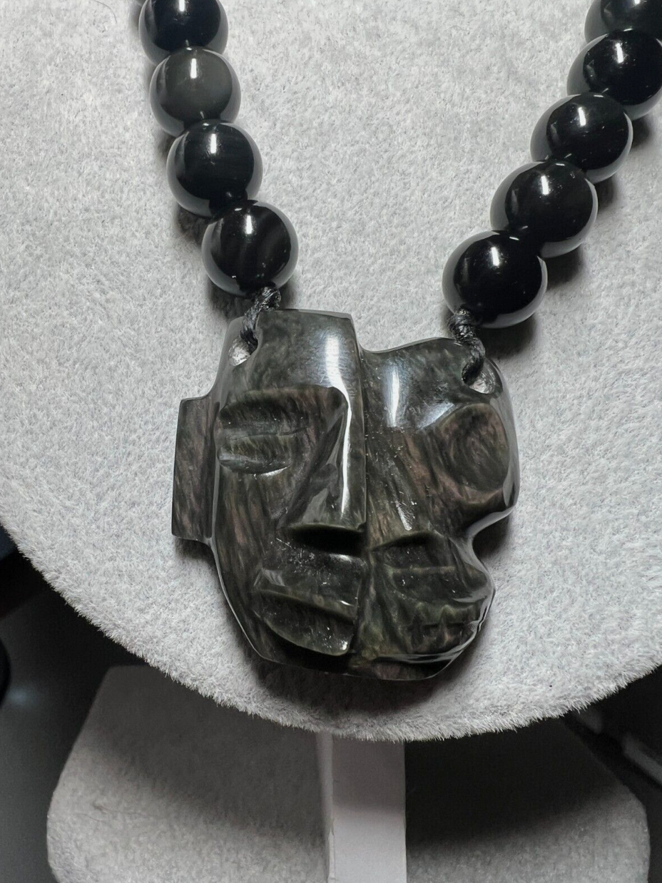 Rainbow Obsidian Aztec Dualidad Pendant Necklace, Life and Death Mask (#14)