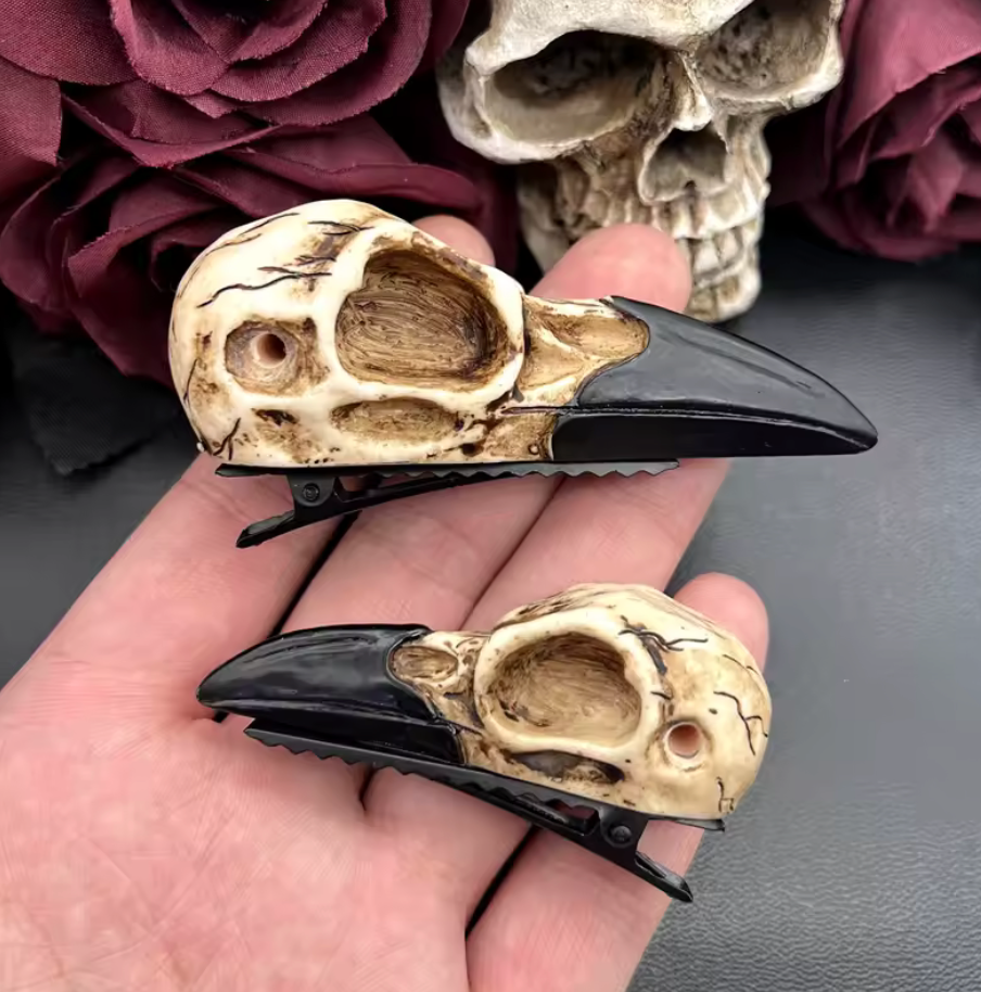 Large Raven Skull Hair Clip Barrette Gothic Headpiece Resin Skull Accessory #35