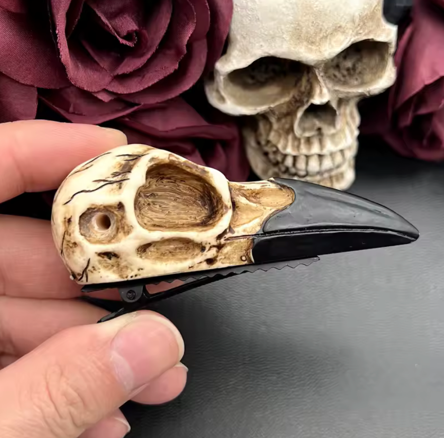 Large Raven Skull Hair Clip Barrette Gothic Headpiece Resin Skull Accessory #35