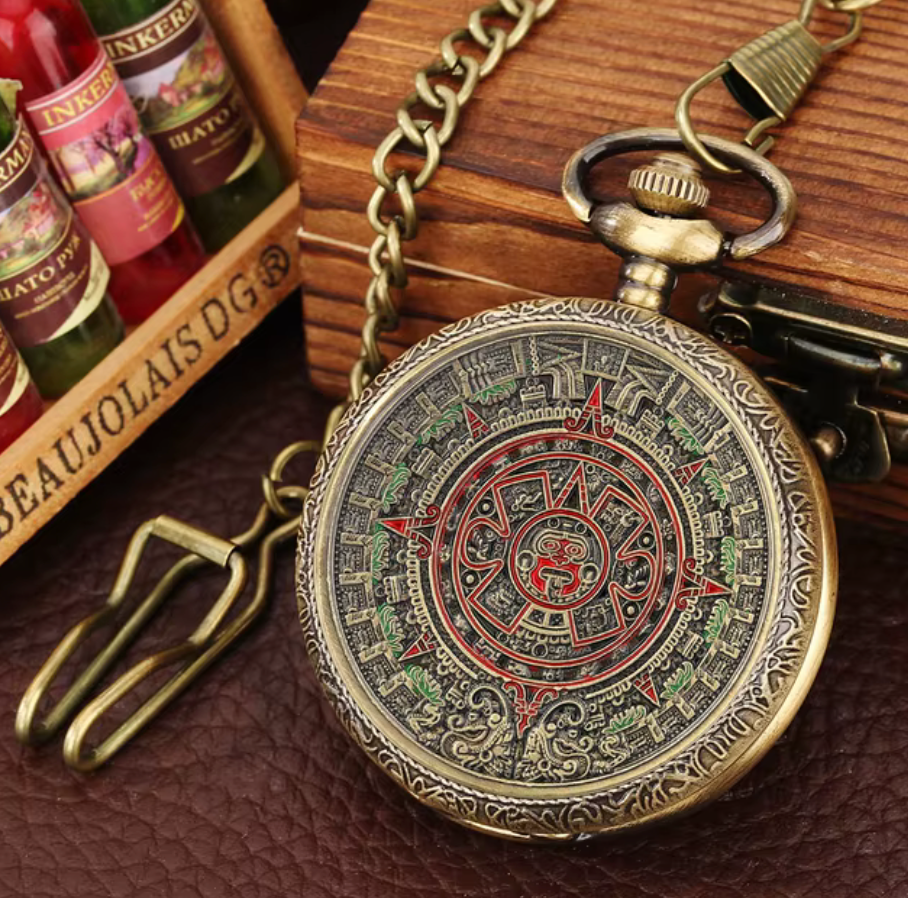 Aztec Calendar Sun Stone Pocket Watch Calendario Azteca Bronze Quartz #35