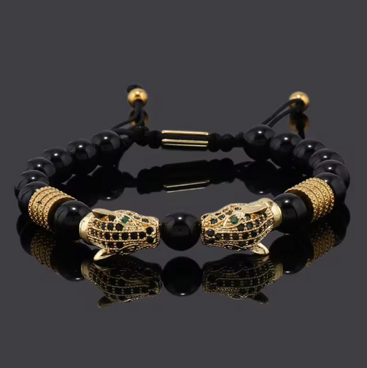 Kissing Mayan Jaguars Obsidian Stone Beads Bracelet Bracelets Men or Women (#2)