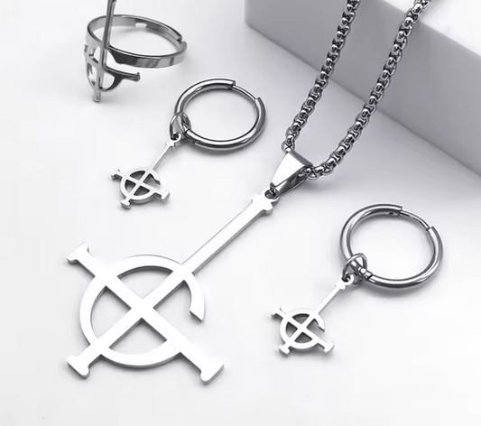 Stainless Steel Set Ghost G Papa Emeritus Pendant Necklace Ring Earrings (#2)