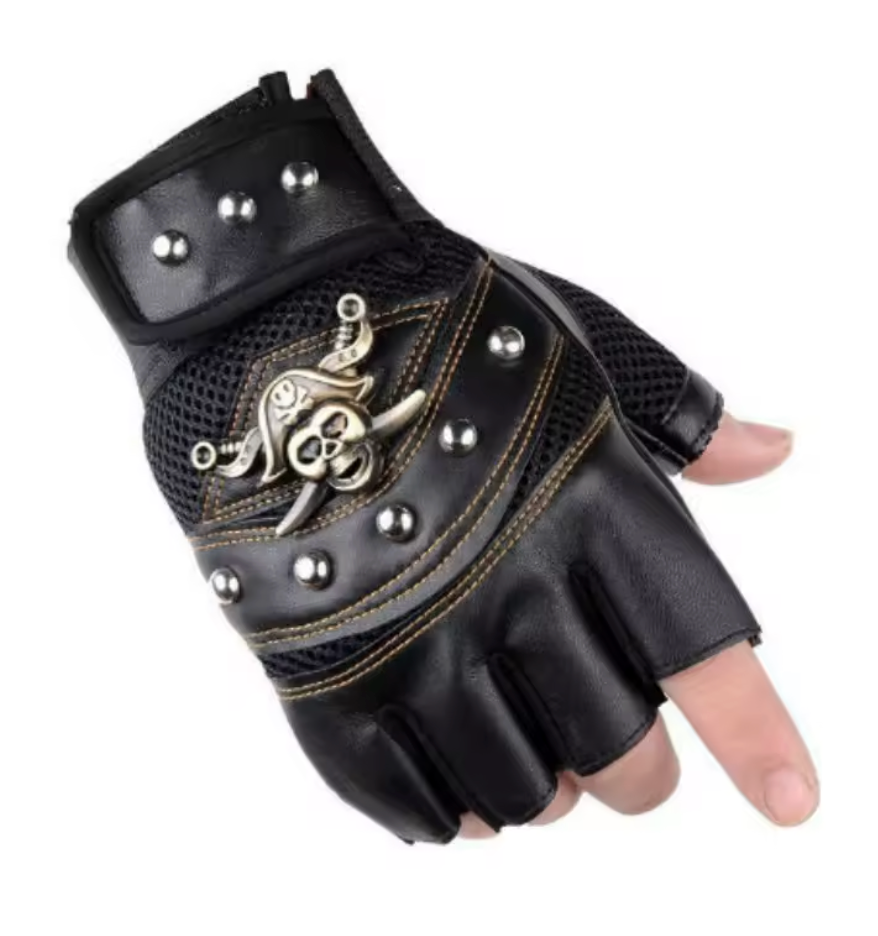 Pirate Skull Rivet Gloves  Rocker Half Finger Motorcycle Driving Caribbean (#40)