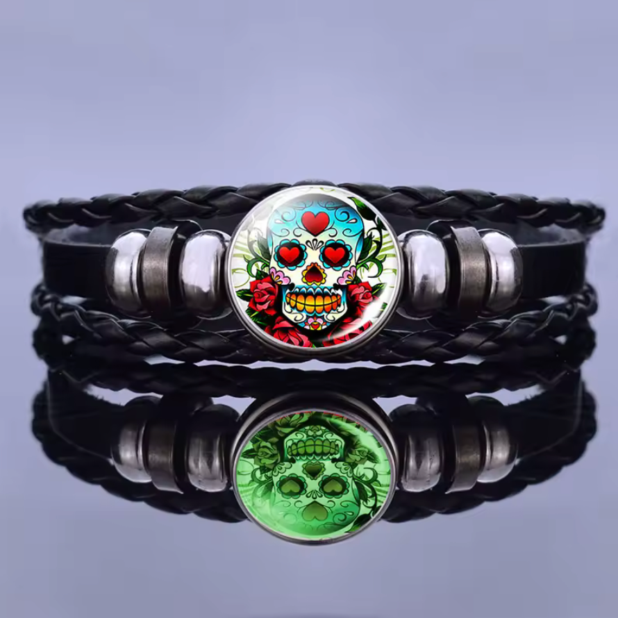 Dia De Muertos Bracelet, Glow In Dark, braided leather, Day of the Dead, Mexican (#13)