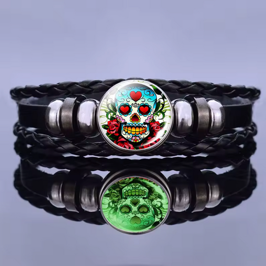 Dia De Muertos Bracelet, Glow In Dark, braided leather, Day of the Dead, Mexican (#13)
