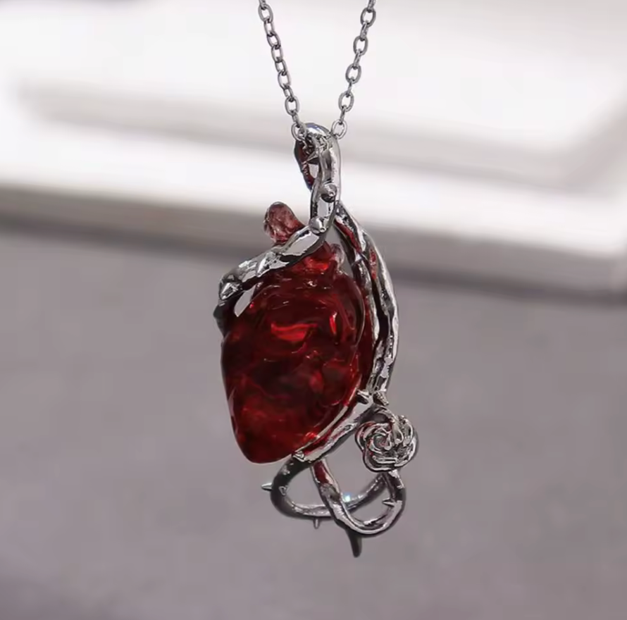 Aztec Sacrificial Heart Necklace, 16" chain, 1.5" pendant, throned vine, (#3)