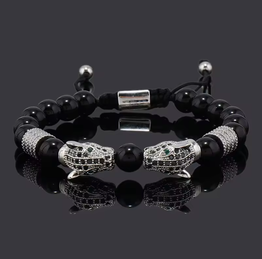 Kissing Mayan Jaguars Obsidian Stone Beads Bracelet Bracelets Men or Women (#14)