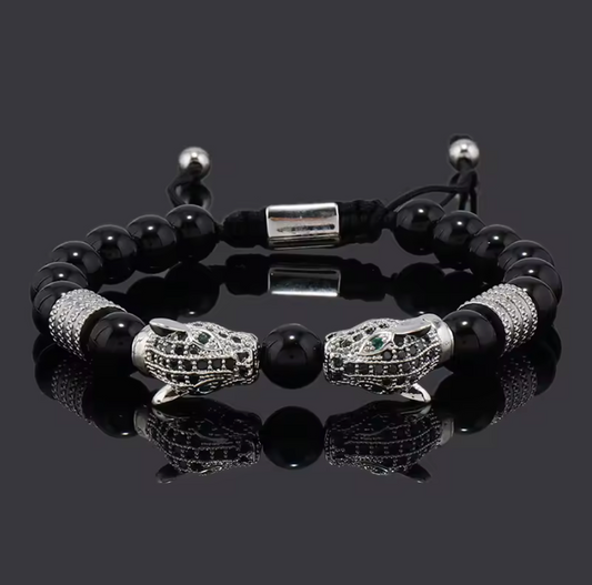 Kissing Mayan Jaguars Obsidian Stone Beads Bracelet Bracelets Men or Women (#14)